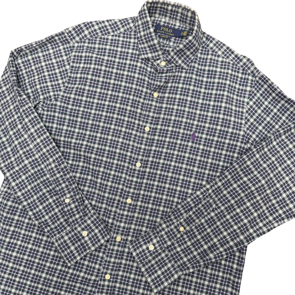 Polo Ralph Lauren Button Down Mens Large Blue Green Plaid Classic Fit Cotton Top